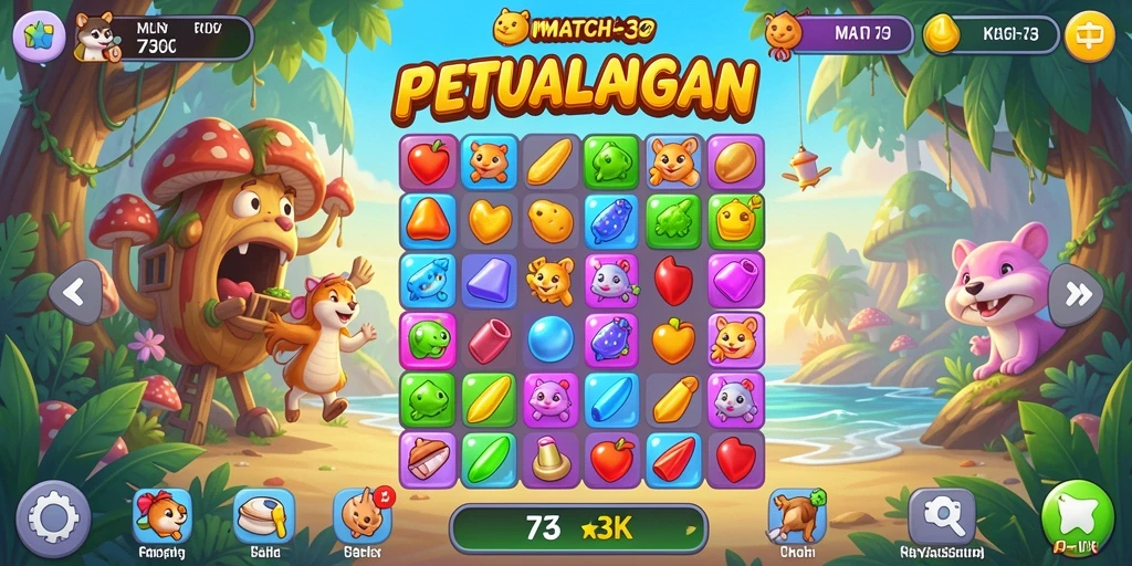 Screenshot gameplay 73K menampilkan kombinasi permata yang menarik.