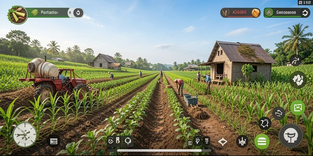 Screenshot gameplay ADAM77 menampilkan kebun hijau yang subur dan hewan ternak.