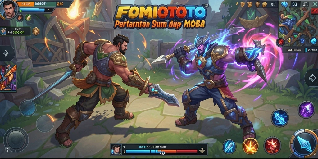 Tangkapan layar gameplay FOMOTOTO menampilkan pertempuran MOBA yang intens.