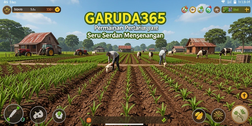 Screenshot GARUDA365 menunjukkan pemain sedang berkebun di ladang hijau yang subur.