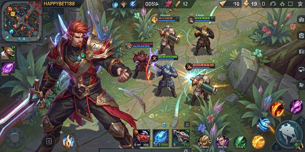 Screenshot utama HAPPYBET188 menampilkan aksi pertempuran seru dalam game MOBA.