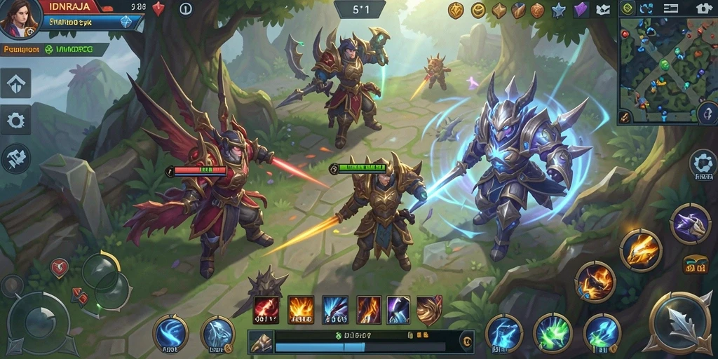Screenshot gameplay menunjukkan pertempuran epik dalam dunia <strong>IDNRAJA</strong>.