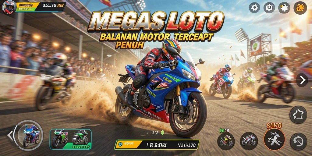 Screenshot gameplay MEGASLOTO dengan aksi balapan motor yang mendebarkan.