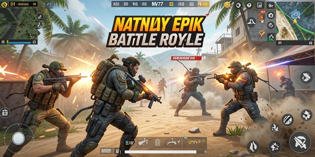 Tampilan gameplay NV77 dengan pertarungan Battle Royale yang seru.