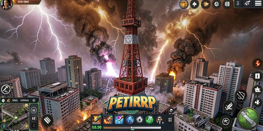 Tampilan gameplay PETIRRP dengan strategi menara yang menakjubkan.