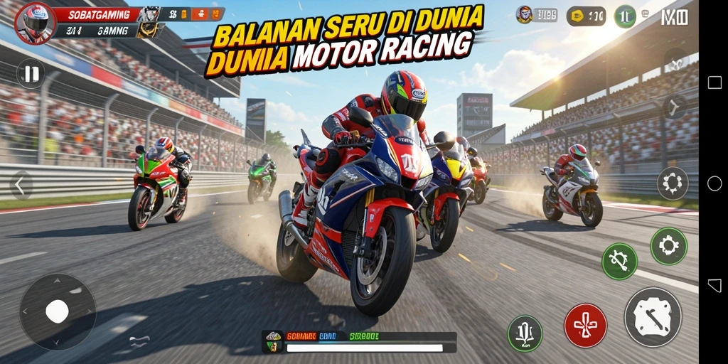 Tangkapan layar menarik dari gameplay balapan motor yang intens.