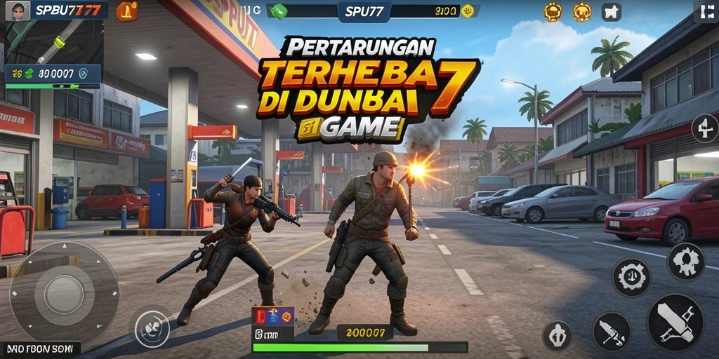 Screenshot gameplay SPBU77 yang menunjukkan pertarungan epik antar karakter.